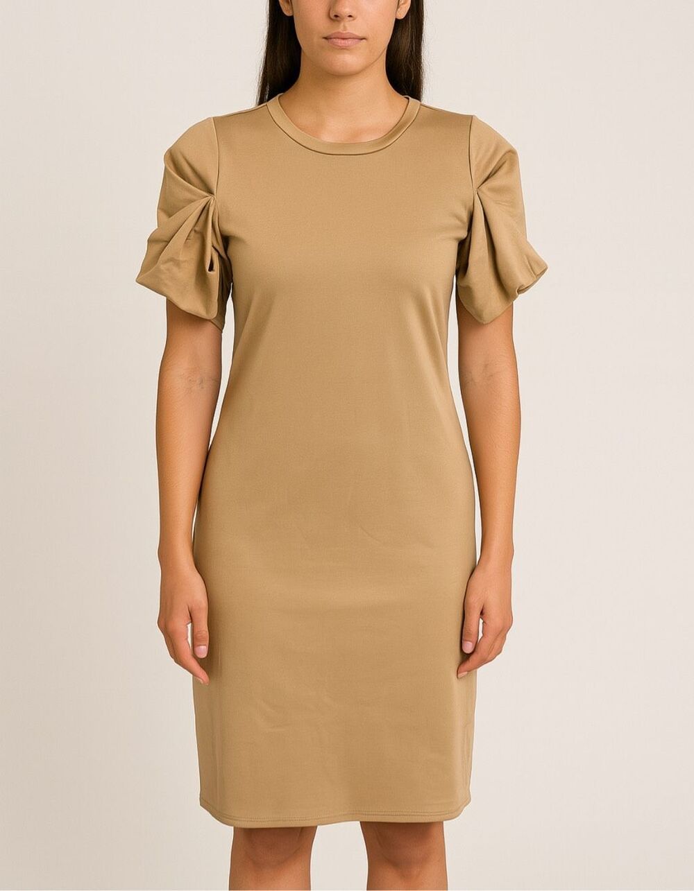 NWT COS Tan Beige Puff Sleeve Fitted Sheath Midi Dress XS Minimalist